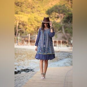 Anthropologie Akemi Kin Patna Dress Womens 6 Embroidered Blue Yellow Boho
